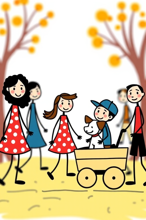 Create a vibrant illustration of diverse stick figure characters in a playful setting, making sure to include a girl with a red polka-dot dress, a boy with a cap, and a dog in a wagon, using a Canon EOS 5D Mark IV with a 50mm f/1.8 lens, aperture set to f/2.8 for a shallow depth of field, ISO 100 for clarity, and a soft focus background to enhance the characters' features.