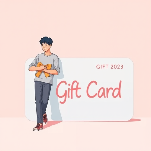 Create an illustration of a person leaning against a large gift card with a minimalist design, soft pastel background, using a vector art style, 50mm lens, f/2.8 aperture, natural lighting.