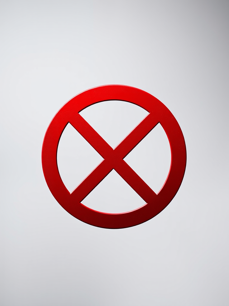 Create a high-resolution vector image of a bold red prohibition symbol on a transparent background, captured with a Canon EOS R5, 50mm lens at f/2.8, ISO 100, in a studio lighting setup with softbox for even illumination.