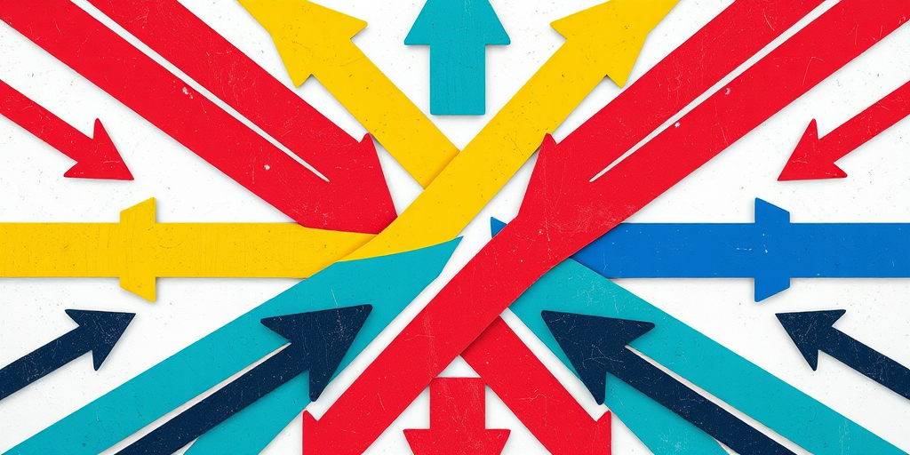 Create an abstract design featuring interconnected arrows in red, yellow, teal, and blue, with a vibrant, modern style, captured with a Nikon D850 at f/8, ISO 100, 50mm lens, top-down view, using natural lighting for enhanced clarity and detail.