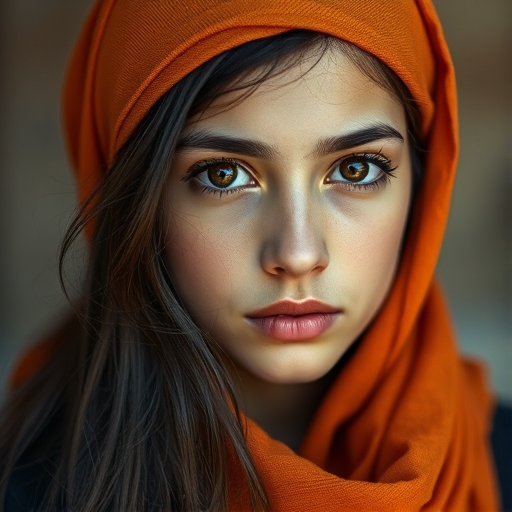 Create a portrait of a young Druze female with long, dark hair and captivating hazel eyes. She is wearing a orange headscarf and a matching scarf draped gracefully around her neck. The background is softly blurred, focusing attention on her serene and natural expression. The overall color palette is muted and warm, enhancing the intimate and authentic feel of the portrait.