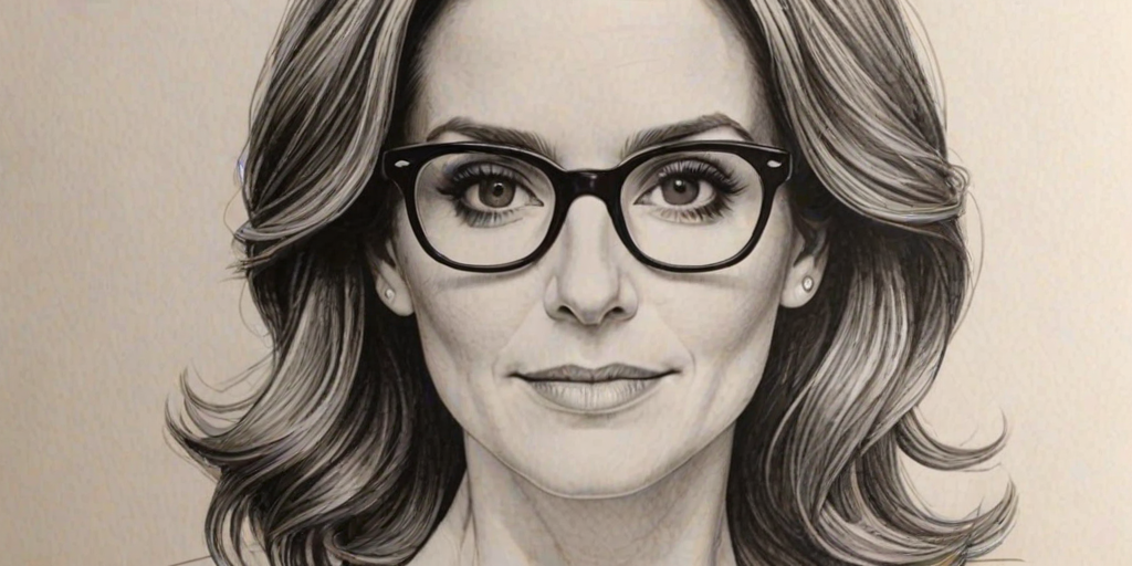 Stunning Tina Fey, pencil sketch, portrait of Bewitching woman 1973s in glasses, hair style beatnik, outline, clear lines, fine lines, 8k