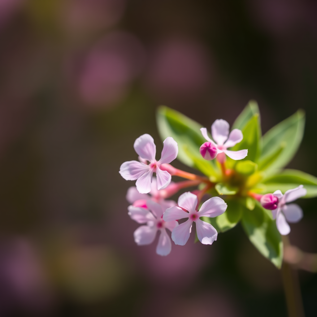 Capture a close-up of delicate pink flowers with green leaves against a softly blurred background, using a Canon EOS R5, 85mm lens, aperture f/1.8, shutter speed 1/200s, ISO 200, with natural lighting to enhance bokeh effect.