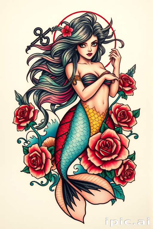 Neo-traditional tattoo dubbed "Sailor's Lament" portraying a bold colorful mermaid with flowing hair surrounded by stylized waves roses and nautical elements using thick outlines and saturated hues