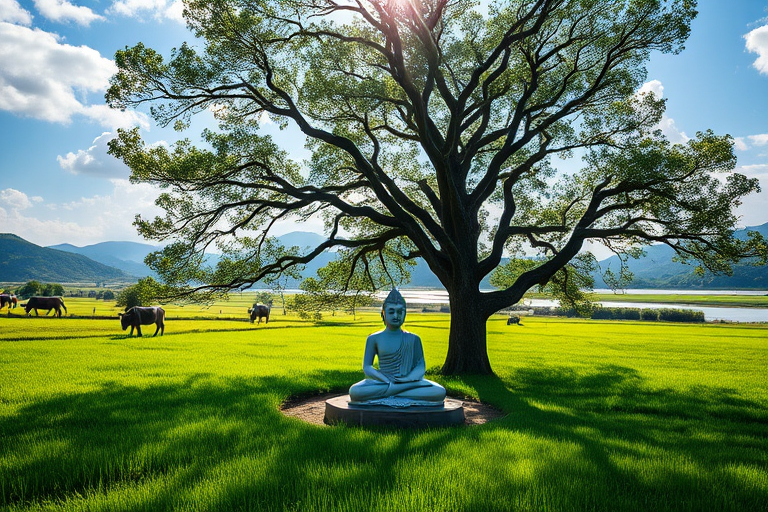 Create a serene landscape depicting a seated Buddha under a large tree, surrounded by lush green fields, gentle hills in the background, farmers with oxen near a river, bright blue sky with soft clouds, sunlight filtering through leaves, use a Canon EOS R5 with an aperture of f/8, ISO 100, shutter speed of 1/200s, in a wide-angle view to enhance depth and detail.