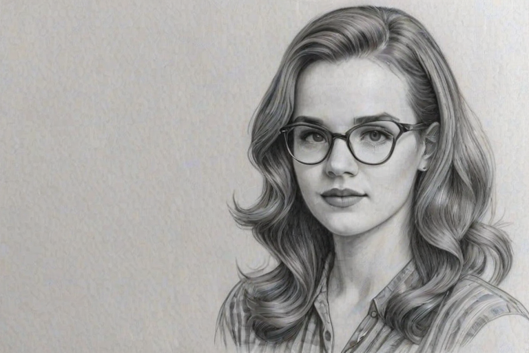 Comely Kay Panabaker, pencil sketch, portrait of Stunning woman 1939s in glasses, hair style beatnik, outline, clear lines, fine lines, 8k