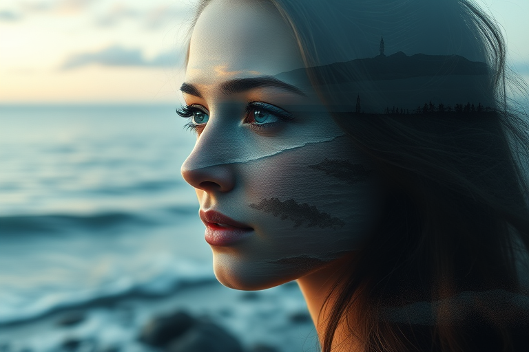 this picture is Book cover, A surreal double exposure portrait that blends a woman's face with a beautiful seascape. The overall mood is dreamy and mystical, with rich colors and intricate details