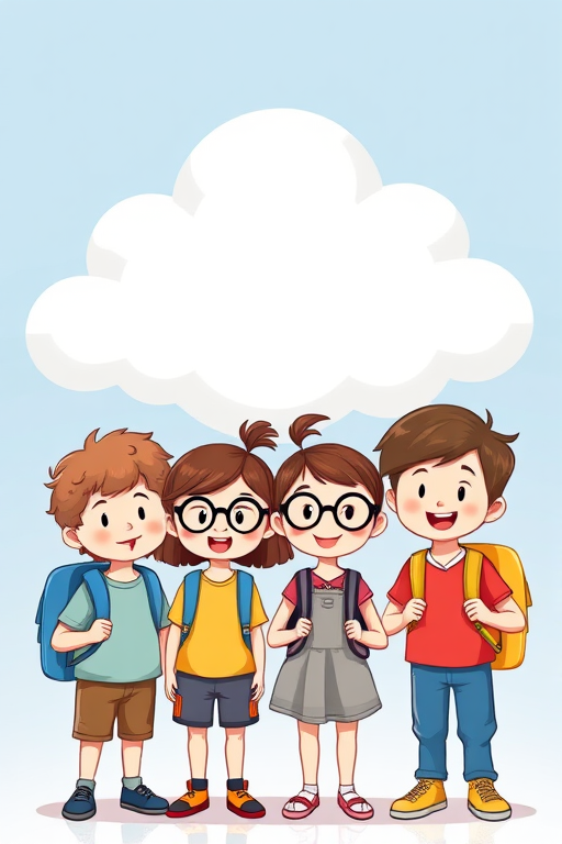 Generate an illustration of four cartoon children, two boys with curly hair and backpacks, one girl with glasses, and one boy with straight hair, all smiling together in front of a fluffy cloud with a blank space for text, using a bright and cheerful color palette, shot with a Canon EOS R5 at f/8, ISO 100, 24mm lens, in a vibrant, high-resolution style.
