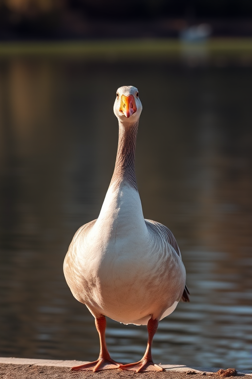Regenerate an image of a goose standing by a lake, use a DSLR camera, aperture f/4.0, shutter speed 1/250s, ISO 200, focus on the goose with a shallow depth of field, portrait view, natural lighting.