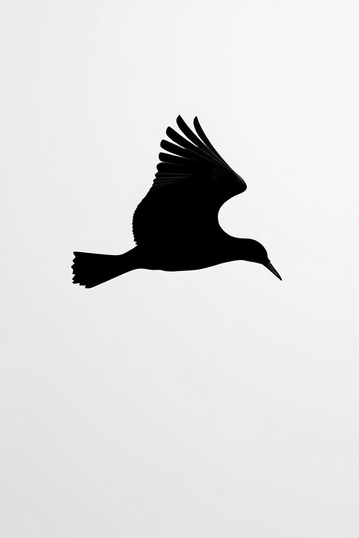 Generate a high-resolution image of a sleek, modern black silhouette of a bird in flight against a minimalist background, captured with a Canon EOS R5 at f/2.8, ISO 100, 1/500s, in a portrait orientation to emphasize the curves and dynamics of the bird.
