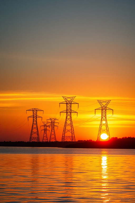 Generate an image of a sunset over water with electricity pylons silhouetted against the sky, capturing vibrant colors, use a DSLR camera with a 50mm lens, f/8 aperture, ISO 100, 1/250 sec shutter speed, and golden hour lighting for enhanced quality.