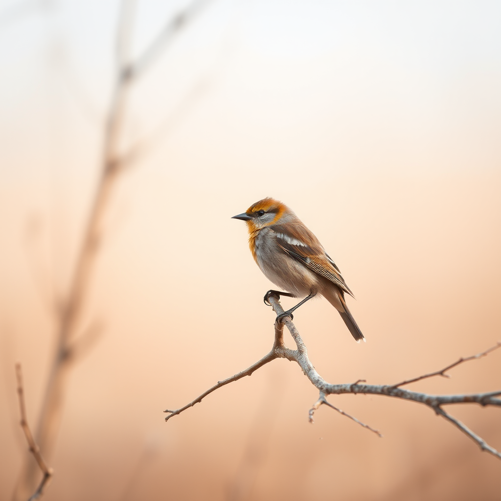 Regenerate a high-quality image of a bird perched on a bare branch in a natural landscape, using a Canon EOS 5D Mark IV with a 50mm lens, aperture f/2.8, ISO 100, shutter speed 1/200s, shallow depth of field for a soft background focus.
