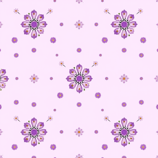 Create a seamless floral pattern with small flowers and circles in shades of purple on a light purple background, using a Canon EOS R5, 50mm lens, f/8 aperture, ISO 100, in soft natural light for enhanced clarity and detail.