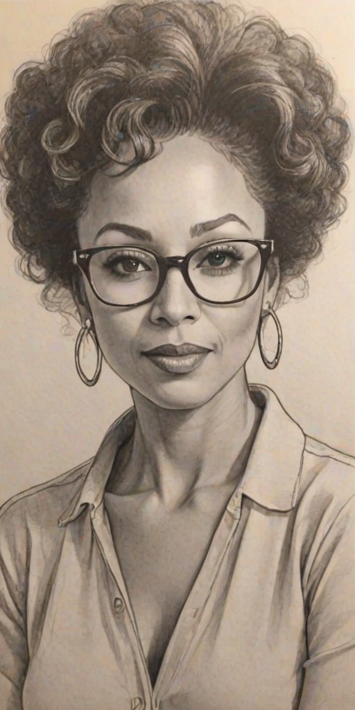Exquisite Tamara Tunie, pencil sketch, portrait of Enticing woman 1961s in glasses, hair style beatnik, outline, clear lines, fine lines, 8k