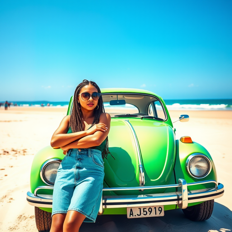 Create a vibrant watercolor image of a woman with sunglasses and braids leaning against a vintage green beetle car on a beach, captured with a Canon EOS R5, 50mm lens, aperture f/1.8, shutter speed 1/200s, ISO 100, natural lighting for enhanced image quality and clarity.
