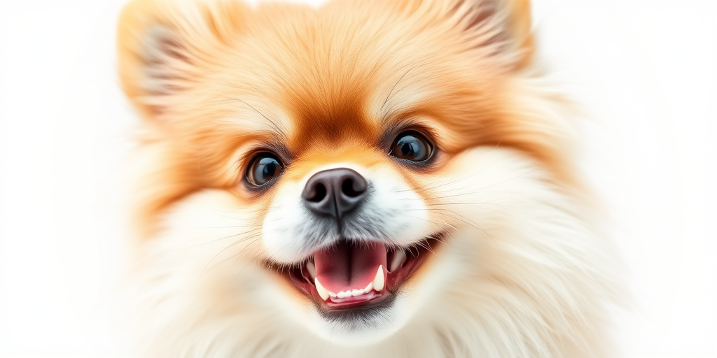 Captivating close-up portrait of a fluffy Pomeranian dog with a cheerful expression, taken with a DSLR camera, 85mm lens, f/1.8 aperture, ISO 100, natural soft lighting, white seamless background for enhanced contrast and clarity.