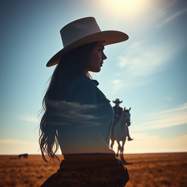 "Create a Double exposure", a silhouette "profile portrait of a young cowgirl" with long hair "superimposed" against a long shot of a cowgirl riding a horse across the plains, fantastic view, 32k, cinematic, hyper-realistic.