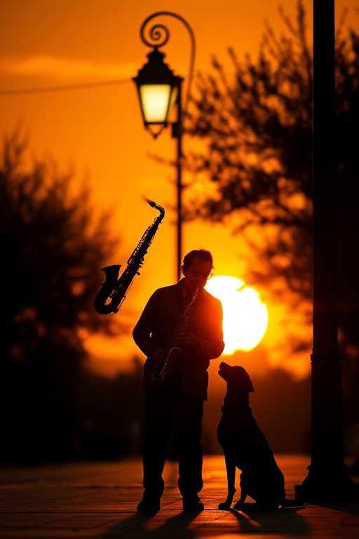 Create an image of a silhouetted saxophonist playing under a streetlamp with a dog sitting beside him against a warm orange sunset background, captured with a DSLR camera, aperture f/2.8, shutter speed 1/250s, ISO 100, wide-angle lens at 24mm.