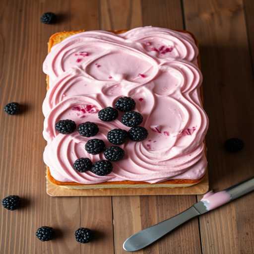 Create an image of a rectangular cake topped with swirls of light and dark pink frosting mixed with blackberries on a wooden surface. Include some scattered blackberries and a small knife with frosting on it nearby. The cake should have an appealing and textured look with a rustic feel.