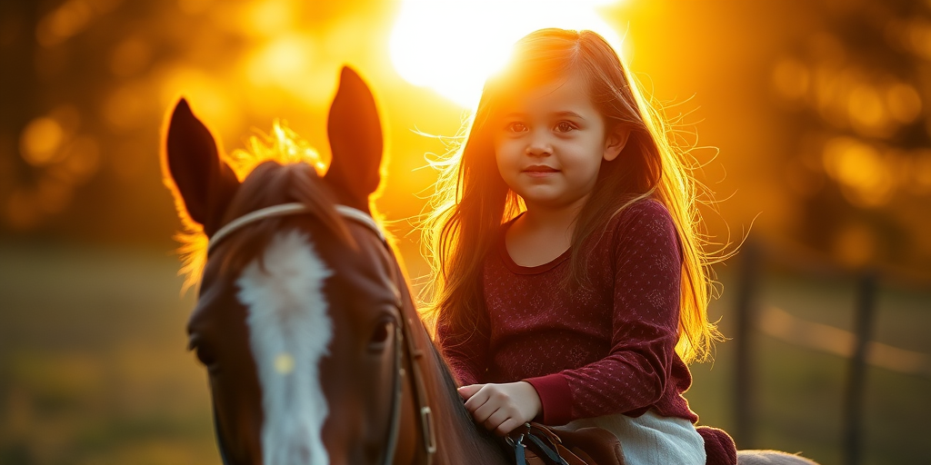 Capture a young girl riding a horse during golden hour, soft warm light illuminating her face, with a shallow depth of field; Canon EOS R5, 85mm f/1.8 lens, ISO 100, aperture f/1.8, shutter speed 1/200 sec, portrait mode.