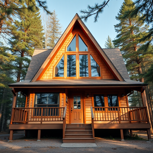 A cozy A-frame house with a brown roof and wooden exterior, featuring large windows and a raised deck, captured from a low angle perspective with a 35mm lens, f/8 aperture, ISO 100, and soft natural lighting for enhanced clarity and detail.