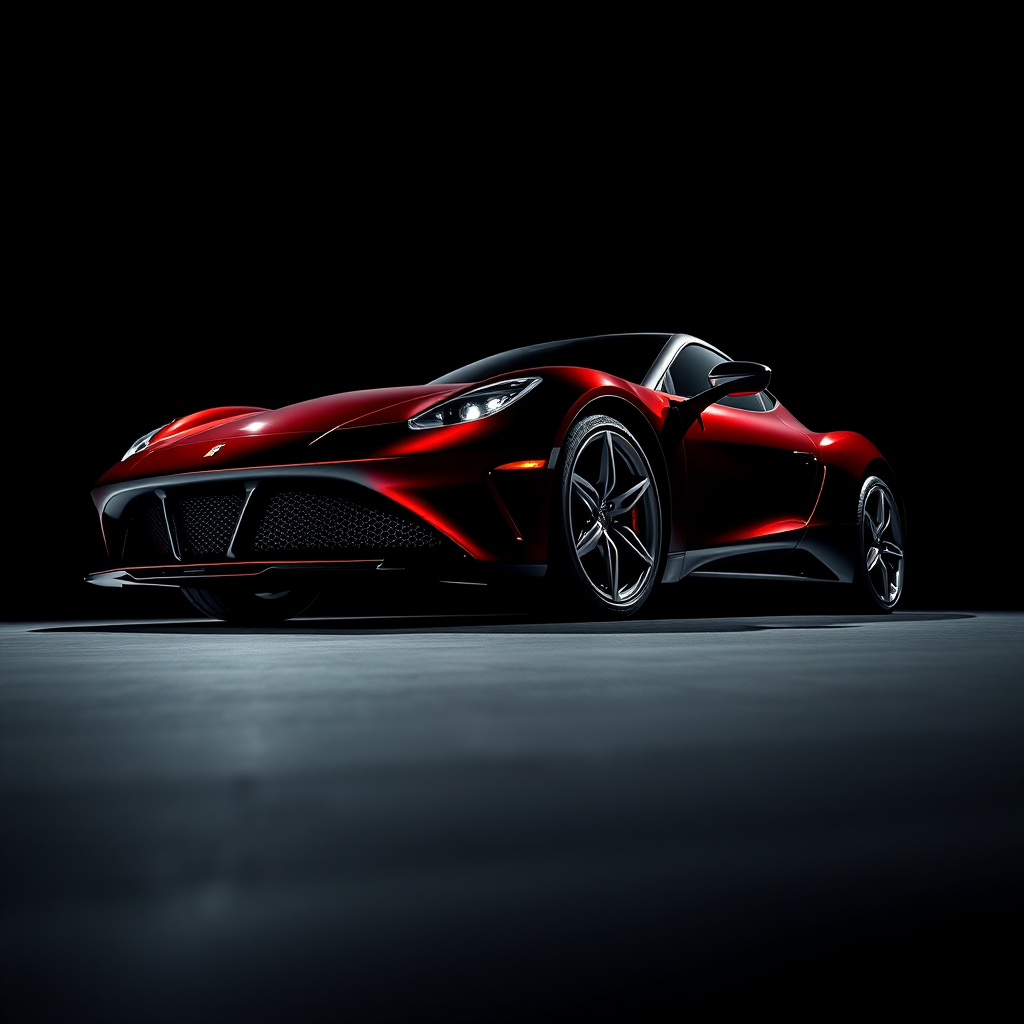 Regenerate a high-quality image of a luxury sports car under dramatic lighting, using a DSLR camera with a 50mm lens, f/1.8 aperture, ISO 100, and a low angle view to emphasize the sleek curves and design against a black background.