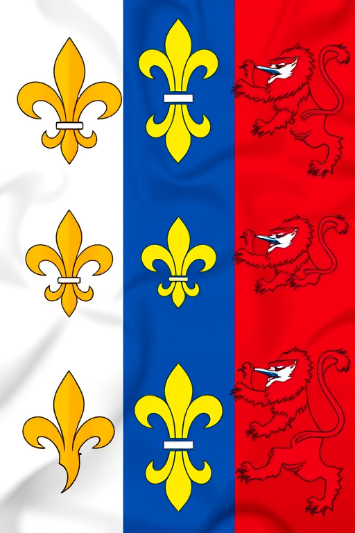 Regenerate the image of a flag design featuring four quadrants with yellow fleur-de-lis on a blue background and red lions on a white background, using a DSLR camera with a 50mm lens, f/2.8 aperture, ISO 100, and a shallow depth of field for enhanced detail and color vibrancy.