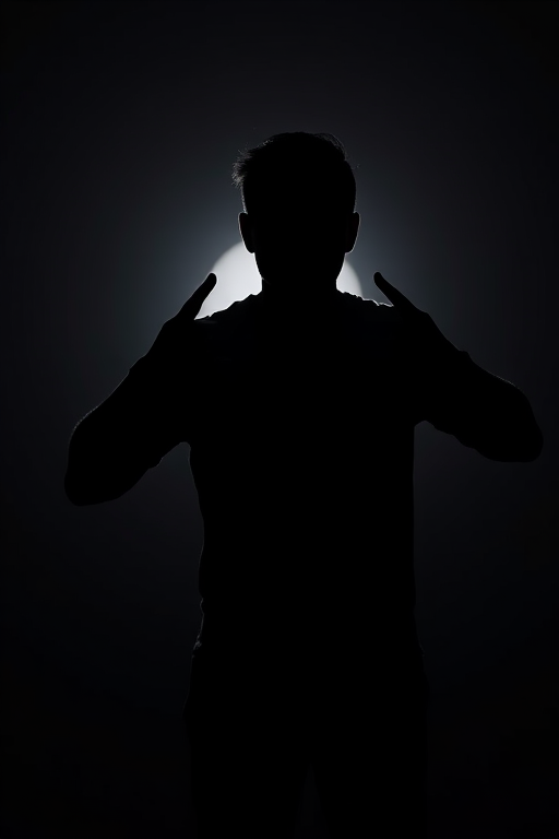 Create a high-contrast silhouette of a person gesturing with an expressive pose, shot with a Canon EOS 5D Mark IV, aperture f/8, shutter speed 1/125s, ISO 200, in a studio setting with softbox lighting to enhance details.