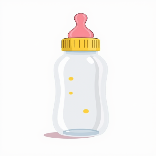 Create a detailed illustration of a baby bottle with a vibrant pink and yellow design, use a DSLR camera with a focal length of 50mm, aperture set at f/2.8, ISO 100, soft natural lighting, and a shallow depth of field to enhance image quality.