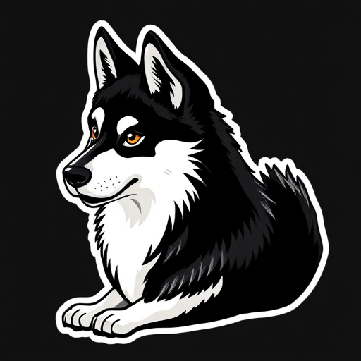 generate sticker, 3D black and white yakutian laika dog breed, black background