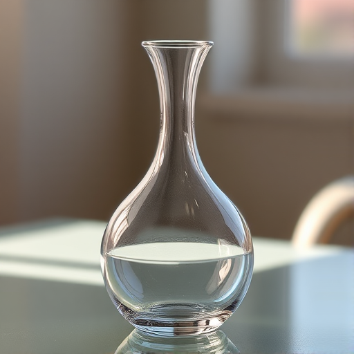 Generate a high-resolution image of a delicate glass vase with a thin neck and rounded body, captured in soft natural lighting, using a DSLR camera with a 50mm f/1.8 lens, ISO 200, aperture f/2.8, and a slight focus on the vase, creating a shallow depth of field effect.