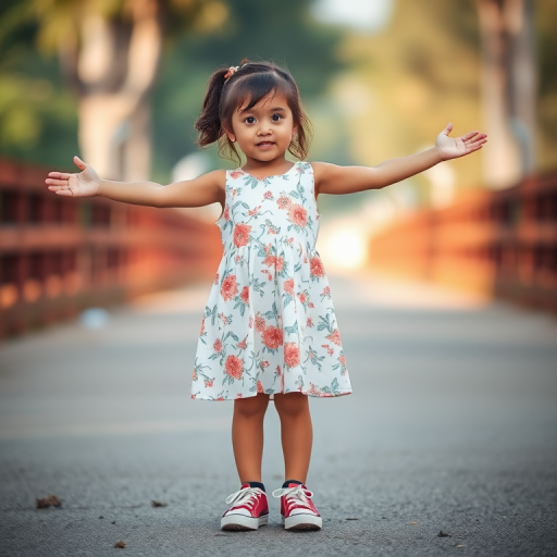 Create a high-resolution image of a young girl standing with her arms outstretched, wearing a floral dress and sneakers, captured with a DSLR camera at f/2.8 aperture, ISO 100, 50mm lens, in soft natural lighting with a slight bokeh effect in the background.
