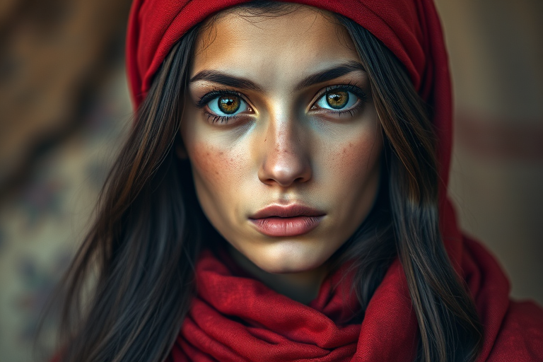 Create a portrait of a young Berber woman with long, dark hair and captivating hazel eyes. She is wearing a red headscarf and a matching scarf draped gracefully around her neck. The background is softly blurred, focusing attention on her serene and natural expression. The overall color palette is muted and warm, enhancing the intimate and authentic feel of the portrait.
