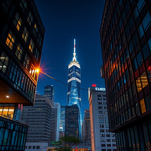 City skyline at night with a bright, glowing electric plug connecting two buildings, capturing vibrant colors and textures, shot with a DSLR camera at f/8 aperture, ISO 200, 24mm lens, and a wide-angle view for dramatic effect.
