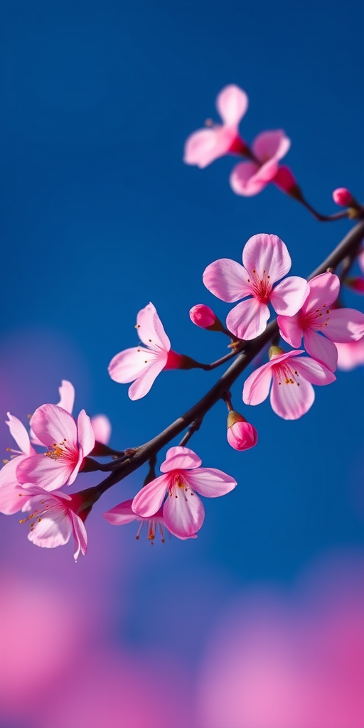 Create a high-resolution digital artwork of a cherry blossom branch with vibrant pink flowers on a deep blue gradient background, using a Canon EOS 5D Mark IV with a 50mm f/1.8 lens, aperture set to f/2.8, ISO 100, and a shallow depth of field to enhance focus on the blossoms.