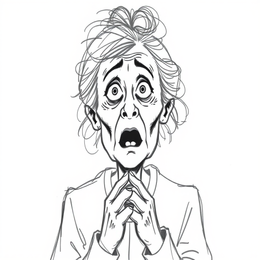 scribbly unfinished sketch, old lady with messy gray hair in a loose bun, surprised expression, mouth open, hands clasped together in front of her chest. Her eyes are wide, eyebrows are furrowed. vibe of shock or surprise.