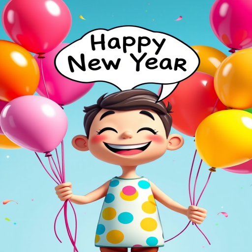 Generate a vibrant cartoon image of a cheerful character with a big smile, holding colorful balloons of various shapes and sizes, with a speech bubble that says Happy New Year, shot with a Canon EOS R5 camera, lens 24-70mm f/2.8, at f/4 aperture, 1/250s shutter speed, ISO 100, bright lighting for enhanced color saturation and clarity.