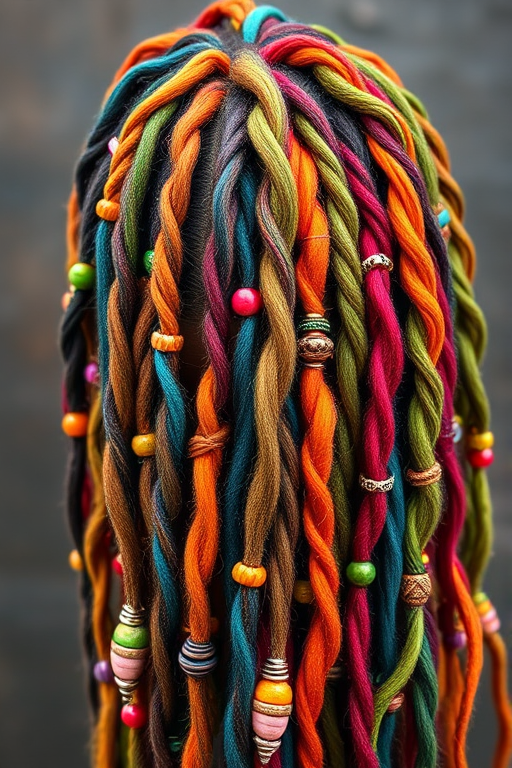 Bohemian Rainbow Dreadlocks adorned with colorful beads and wire wraps, featuring a mesmerizing array of vibrant hues woven throughout each individual lock