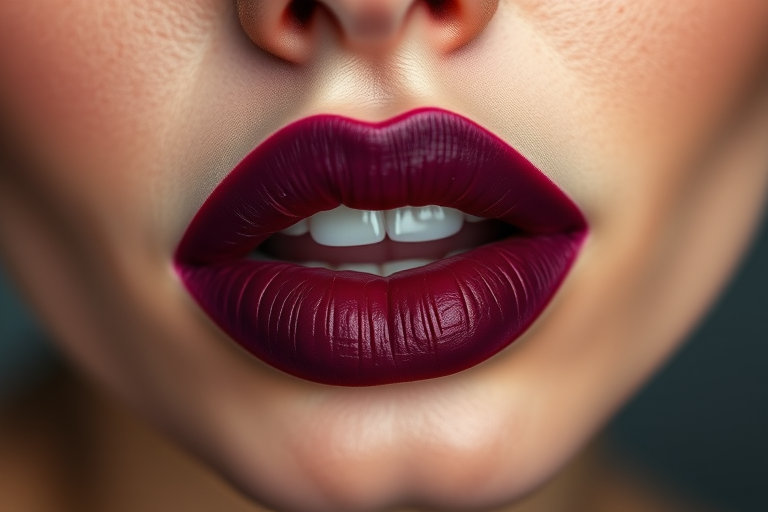 Luscious berry-stained pout boasts a matte finish, showcasing deep purple hues that fade into rich burgundy, capturing attention with its bold and dramatic appearance