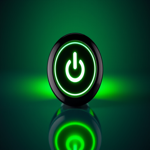 Create a glossy black power button with a glowing green symbol on a reflective surface, using a DSLR camera with a 50mm lens, f/2.8 aperture, ISO 100, and a studio lighting setup for enhanced clarity and vibrant colors, captured from a straight-on angle.