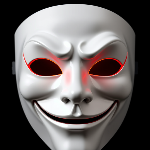 A detailed close-up image of a white theatrical mask characterized by unique features. It has crescent-shaped eyes that emit an ominous glowing red light, coupled with a broad smile that adds to its mysterious charm. The mask has a flat nose which blends naturally into its form. The mask is set against a stark black background, enhancing its striking white color. The eyes of the mask seem to mimic a full eclipse, creating an engaging dichotomy of darkness and light. The mask presents a traditionally masculine archetype with squinted eyes.