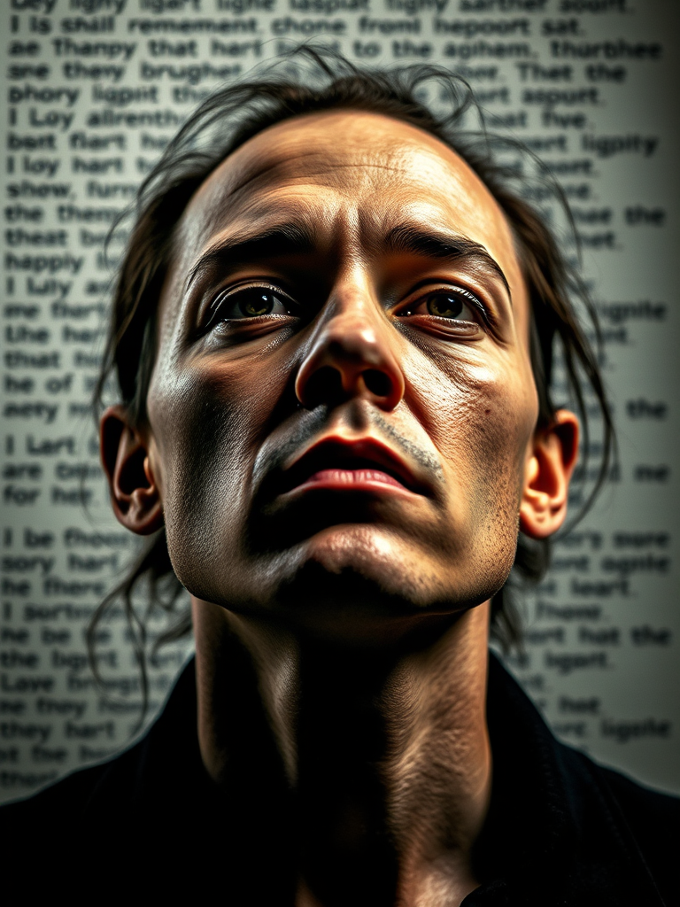 Generate a high-resolution image of an abstract portrait with text in the background, using a DSLR camera with a 50mm lens, aperture set to f/1.8, ISO 100, shot at a low angle with soft lighting to enhance detail and contrast.