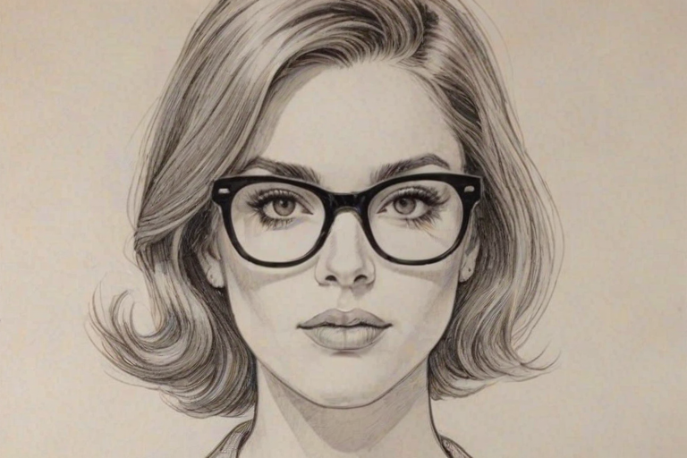 Enticing Ashley Williams, pencil sketch, portrait of Wonderful woman 1967s in glasses, hair style beatnik, outline, clear lines, fine lines, 8k