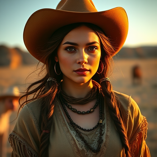 Dramatic photo of a beautiful taino woman, classic cowboy attire, confident and free spirit expression, half-length portrait, centered, golden hour desert landscape, warm, diffused light, low angle, medium format film camera, in style of Annie Leibovitz.