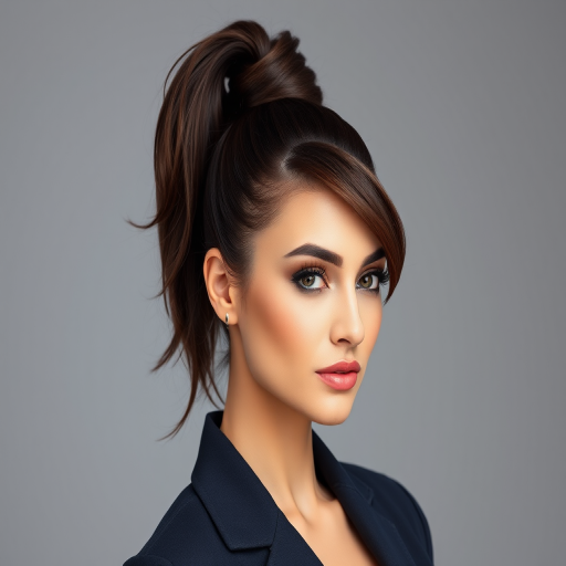 Confident businesswoman showcasing a sleek, high ponytail with wrapped base and face-framing wisps, complemented by a rich espresso brown hue