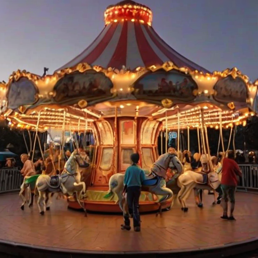 Picturesque old-fashioned carousel, with children laughing and enjoying the ride, colorful lights twinkling as dusk falls, evoking a sense of nostalgia and joy.