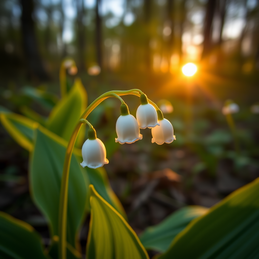 Capture a close-up of a blooming lily of the valley in a forest setting during golden hour, aperture f/2.8, ISO 200, shutter speed 1/250s, using a DSLR camera with a macro lens to enhance image details and depth of field.
