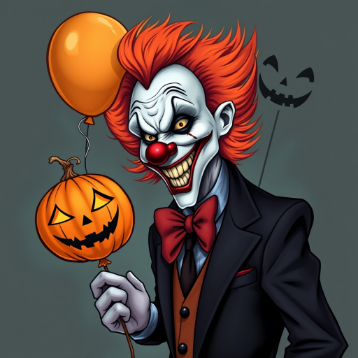 Illustrate a sinister clown with bright orange hair and a dark, menacing smile. The clown is holding a spooky jack-o'-lantern balloon and a carved pumpkin. Dress the clown in a formal suit with a large red bow tie to enhance the eerie Halloween ambiance. Aim for a chilling, unsettling style that captures the essence of Halloween horror.