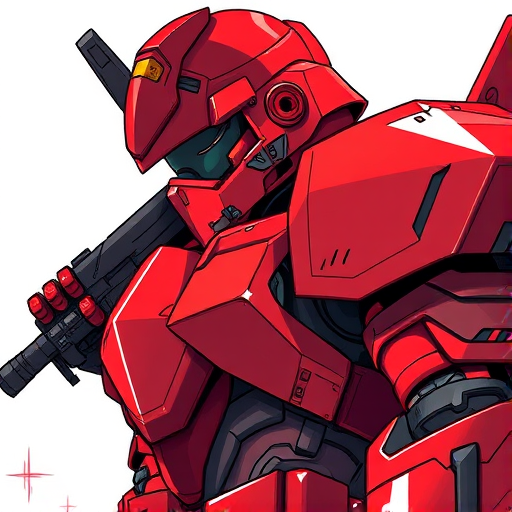 Create a high-definition illustration of a red armored character with a sharp helmet and arm-mounted weapon, using a 35mm lens, f/2.8 aperture, ISO 100, shot from a low-angle perspective to emphasize the character's stature and detail, in a digital art style.