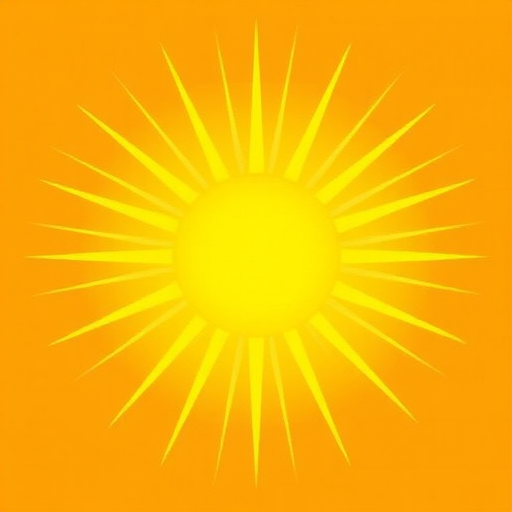 Create an illustration of a bright yellow sun with elongated rays radiating outward, set against a simple backdrop, captured using a DSLR camera with a 50mm lens at f/2.8, 1/200s shutter speed, ISO 100, in a top-down view to enhance vivid colors and sharpness.